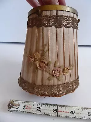 Antique Vintage Pleated Silk Metallic Gold Trim Lace Small Lamp Shade Roses • $40