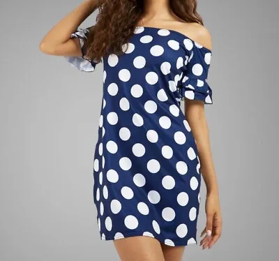 Navy Blue And White Polka Dot Off The Shoulder Shift Dress Size 14 • £9.99