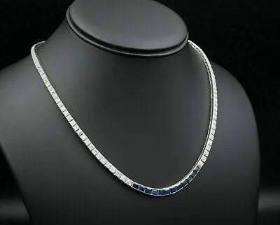 15 Ct Princess Cut Lab Created Sapphire Tennis Necklace 14K White Gold Plated • $321.11