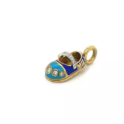 Aaron Basha Diamond Blue Enamel Millennium Baby Shoe Charm 18k Yellow Gold • $1200