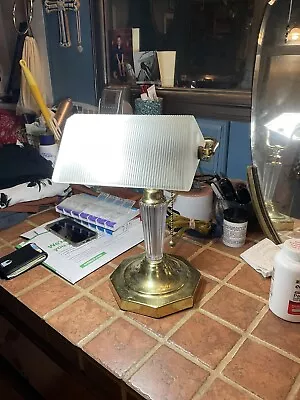Vintage Brass Gold Banker's Desk Table Lamp Piano Light W/ Ribbed Glass Shade • $69.97