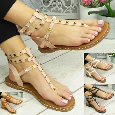 Ladies Flats Sandals Womens Toe Post Strappy Summer Comfy Gladiator Shoes Size • £9.90