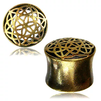 Pair Antiqued Flower Of Life Brass Tunnels Plugs Tribal Gauges Tunnel Plug Gauge • $20.90