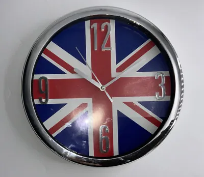 Vintage Union Jack Flag Quartz Wall Clock 10” Plastic Chrome Color Casing-Works • £27