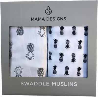 Mama Designs Large Muslin Swaddles Monochrome Pineapple 2 Pack 120 Cm X 120 Cm • £17.95