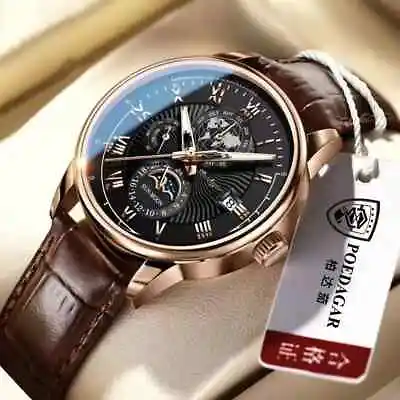 Luxury Mens Leather Watch Waterproof Luminous Date Chronograph Quartz Wristwatch • £13.67