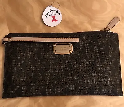 Michael Kors Brown Logo Flat Clutch Phone Case Wallet Purse Wristlet Mini Bag SE • $59.99