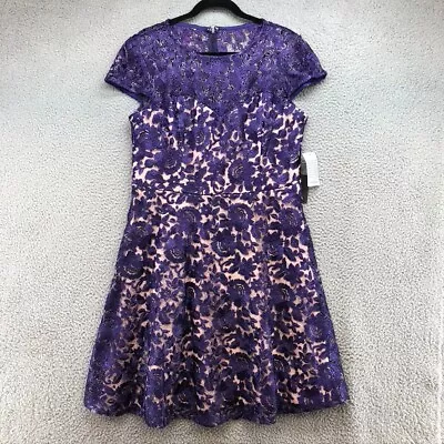 Marina Fit And Flare Dress Womens 12 Purple Lace Overlay Formal Knee Length • $45