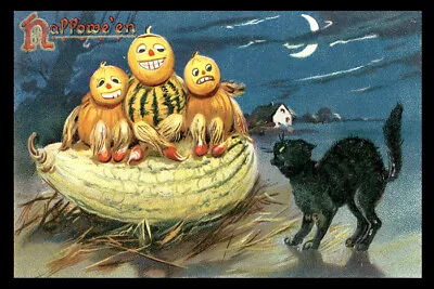 Halloween Night Scary Pumpkins Black Cat Crescent Moon Usa Vintage Poster Repro • $62.90