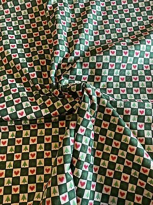 Vintage 1990’s Christmas Quilt Fabric 3 YRD Cut Checked Green White Tree Hearts • $9