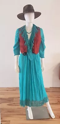 Vintage 80s Loose Weave Gauze Sweater Knit Turquoise fringe Dress M L Western • $25