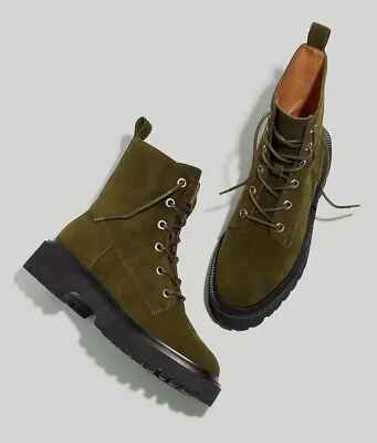 MADEWELL The Rayna Lace-Up Lugsole Boot In Suede In Cargo Green 7 $198 NG668 • $120