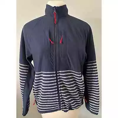 J.Crew Nordic Sweater Fleece Full Zip Jacket Navy Gray Stripe Size Medium Men’s • $28