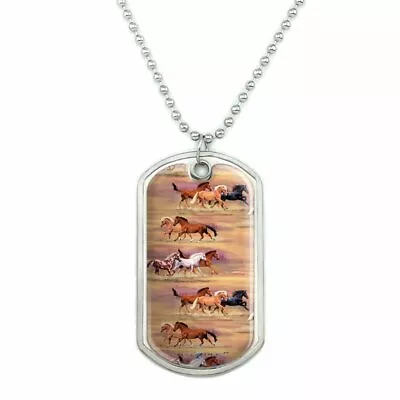 Horses Wild Running Pattern Military Dog Tag Pendant Necklace With Chain • $8.99