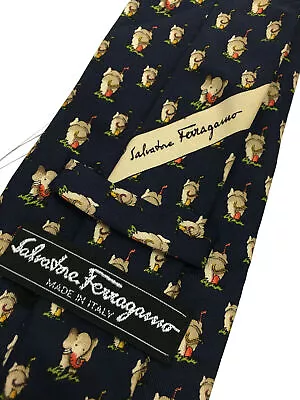 Authentic SALVATORE FERRAGAMO Elephant Back On Navy Blue 100% Silk Necktie Tie • $51.39