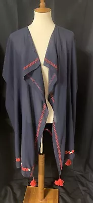 J. Crew Embroidered Red Heart Tassel Kimono Cover-Up Open Cardigan Navy Blue OS • $12