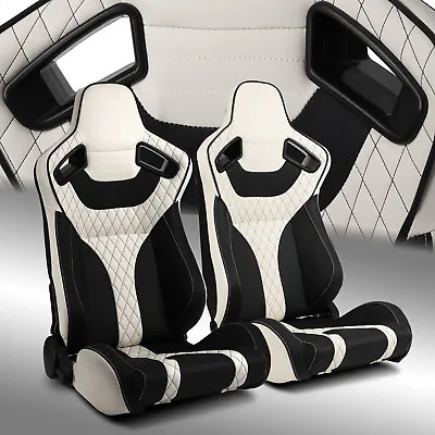 Universal Main Black+White Side PVC Leather Sport Reclinable Racing Seats Pair • $316.98