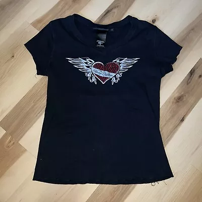 Harley-Davidson Womens T-Shirt Rhinestone Heart S/S Black V-Neck Small Thin • $19.99