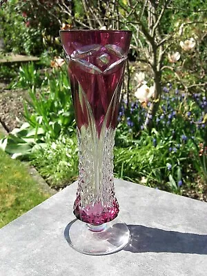 Unique Val St Lambert Vintage Crystal Glass Cranberry Clear Cut Fushia Vase.     • £220