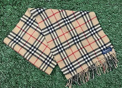 Vintage Burberry Womens Scarf Beige Nova Check Fringe 100% Cashmere England • $49.99