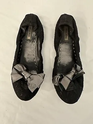 Miu Miu Glitter Black Fabric Pewter Leather Bow  Ballet Flats Shoe Sz 36.5/ 6.5 • $29.99