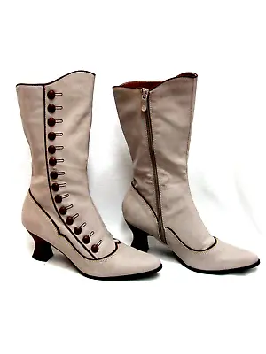 $88 • Buy Victorian Style Granny Faux Button Boots Taupe And Brown Zipper Opening NEW