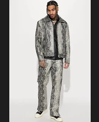 Mens Gothic Gray Exotic Python Texture Leather Suit Jacket & Pant Set All Size's • $527.20