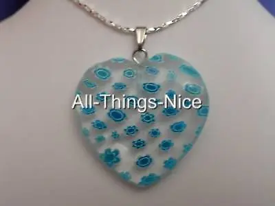 MILLEFIORI Murano Flower 30mm Love HEART Clear Blue Pendant Necklace Jewellery • £4.25