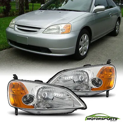 Fit 2001-2003 Honda CIVIC Chrome Headlights Clear Lens Head Lamp Pair Left+Right • $59.98