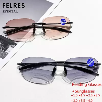 Men Women TR90 Oval Rimless Tinted Bifocal Reading Glasses Fashion Sunglasses  • $8.23