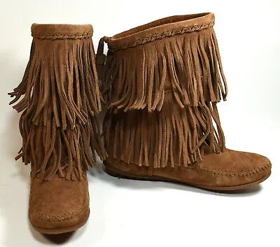 Minnetonka Brown Suede Leather Fringe Moccasin Boots 1533S In Womens Sz. 6 ~NEW! • £24.08