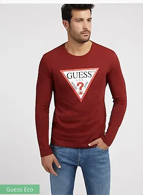 GUESS Men's T Shirt M1RI31I3Z11 Front Logo Triangle Long Sleeve Slim Fit Red • £21