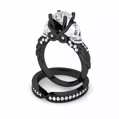 2.34ct White Round Cut CZ Skull Black Plated Engagement Ring Set 925 Silver • $102.40