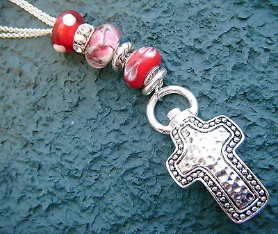 Antique Inspired Cross ID Lanyard Red Murano Beads-Nurse RN Teacher- 31  L • $14