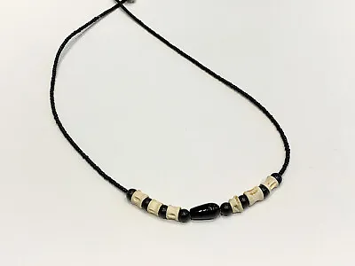 Fish Vertebrae Beads & Black Stones Necklace - - 17  • $8