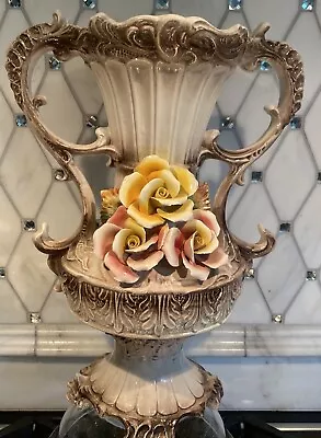 Antique VTG Capodimonte Made Italy Porcelain 3 Rose Vase Large Flowers Floral • £90.26