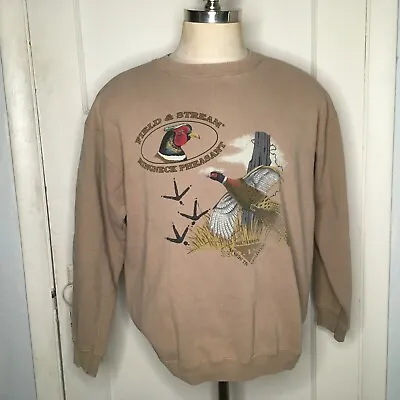 Vtg Field & Stream Mens Sz L Crewneck Pullover Sweatshirt Pheasant USA Tan 90s • $36