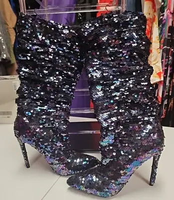 NWOB Liliana Blue Purple Mermaid Sequin Slouchy Mid Calf Bootie Sz 7 • $39.99