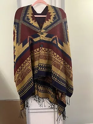 Aztec Design One  Size Shawl Poncho Wrap Cape Buttons Fringe Western Southwest  • $15