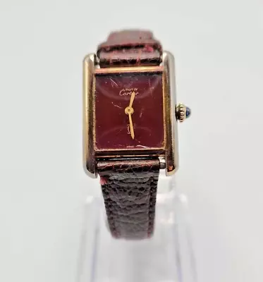 Vintage Must De Cartier Watch Women Tank 925 Gold Plated  Red Dial Leather 20mm • $1495
