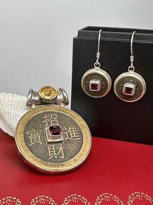 $149 • Buy Vtg SAJEN Citrine Garnet  Good Luck Coin 925 Sterling Silver Pendant Earrings