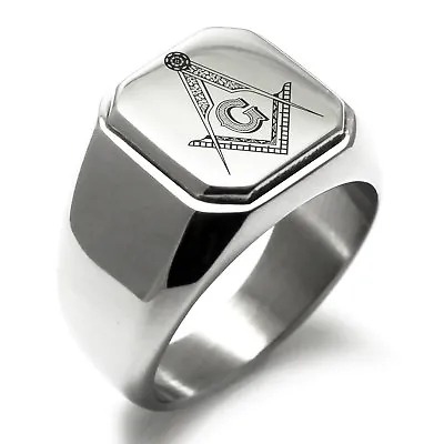 Stainless Steel Masonic Floral Compass Mens Square Biker Style Signet Ring • $16.99
