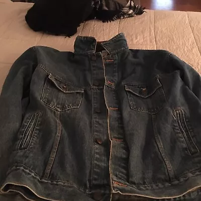 Vintage Marlboro Country Store Denim Trucker Jacket Mens Size L Leather Collar • $31.99