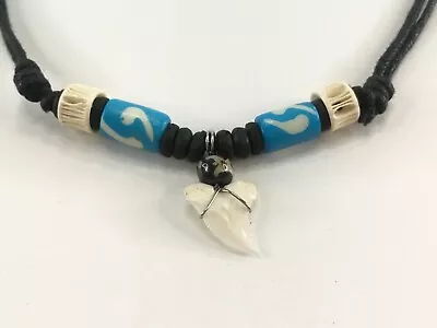 Men Boy Blue Real Shark Tooth Necklace Beads Tribal Choker Fishbone Gift For Kid • $15.99