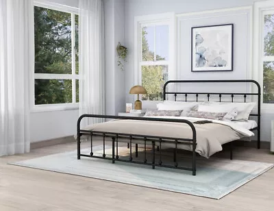 Metal Bed Frame With Footboard/Durable Steel Slat Support/King Size/Black • $168.24