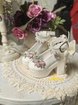 1/4 MSD MDD Puyoo BJD Doll Shoes High Heels Thick Heel Flower+Bow Deco White • $17.50