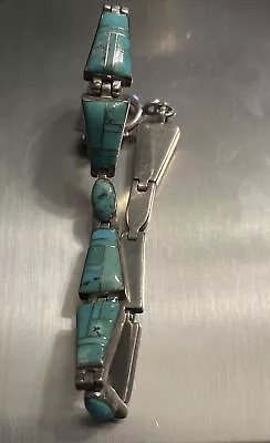 Vintage 925 Sterling Silver Genuine Turquoise Chain Link Bracelet 7  • $75