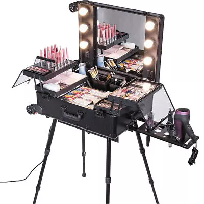 Studio Artist Train Rolling Makeup Case LED Light Mirror Adjustable Leg Lockable • £239.92