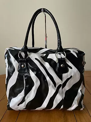 Atmosphere Black White Canvas Zip Around Handbag Shoulder Travel Bag Zebra Print • £6.99