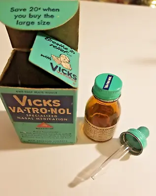 Vintage Medicine Box Bottle Dropper Vicks Va-Tro-Nol Medical Mid Century • $19.99